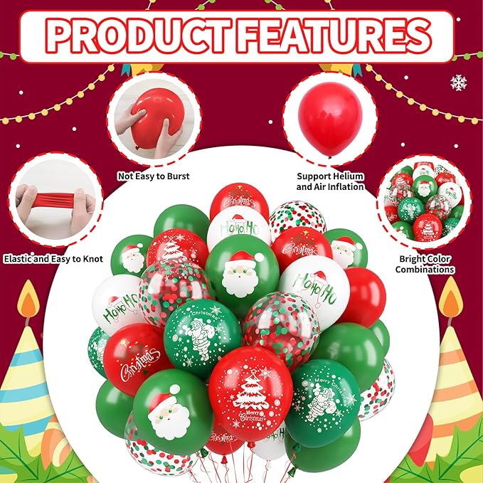 Merry Christmas Printed balloons, Red Green Confetti Balloon Set, 12 Inch Red Green White Latex Balloons Santa Claus Christmas Tree Printed Balloon Helium for Xmas Birthday New Year's Party Decoration