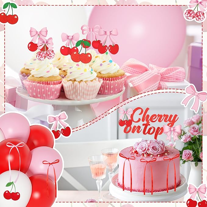 Cherry Party Decorations She's The Cherry On Top Banner Summer Fruit Cherries Themed Decor with Bow Cake Topper Pink Red White Balloons Fringe Curtains for Birthday Baby Shower Wedding Bridal Shower