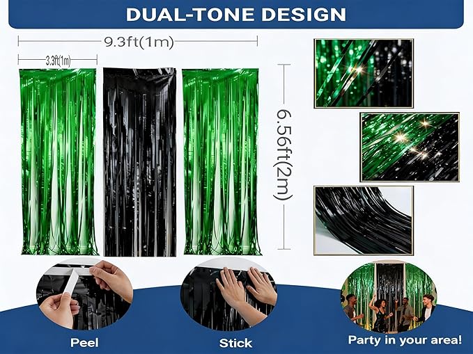 3 Packs Green Black Foil Fringe Curtains Green Birthday Decorations Streamer 9.9ft Wide for Wedding Party Backdrop Bridal Shower Tinsel,Birthday Party Door Cover Each 3.3 x 6.5 ft