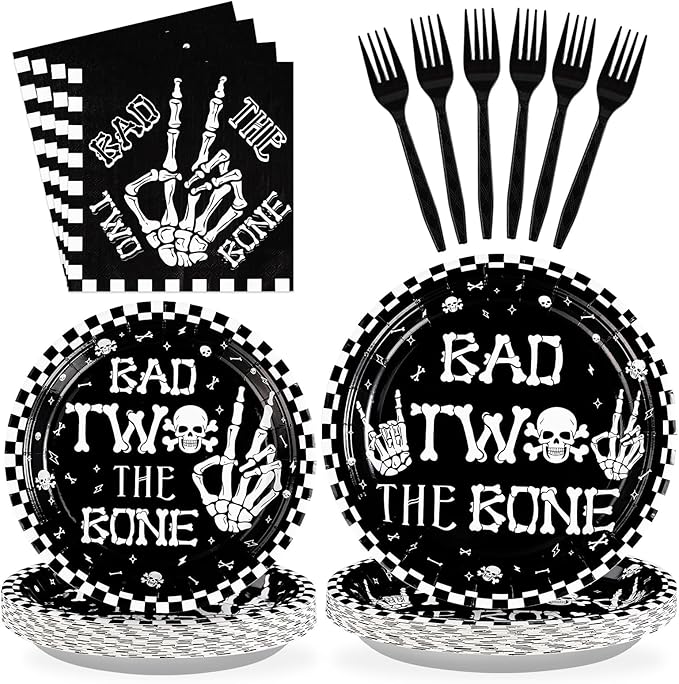 96Pcs Bad Two The Bone Party Supplies Black White Rock 2nd Birthday Plates and Napkins Tableware Bone Skull Second Birthday Party Decoration for Boy Skeleton Rock And Roll Music Theme Favors Serve 24