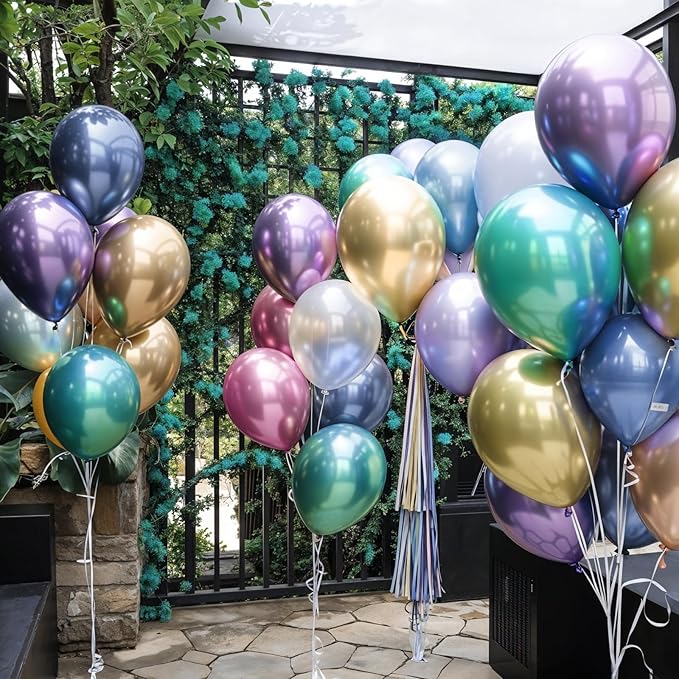 Pastel Metallic Balloons, 12 Inch Assorted Chrome 6 Color Blue Purple Green Pink Gold Champagne Latex Party Balloon for Birthday Graduation Anniversary Baby Shower Wedding Decorations