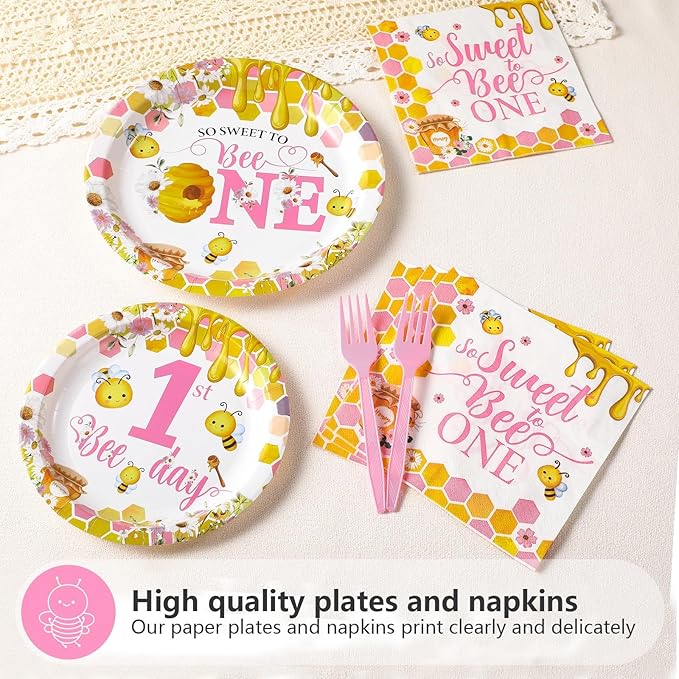 96Pcs Pink Bee 1st Birthday Party Supplies Honey First Bee Girls Baby Shower Plates and Napkins Tableware Sets So Sweet to Bee One Birthday Party Decorations for One Year Old Party Favors,Serves 24