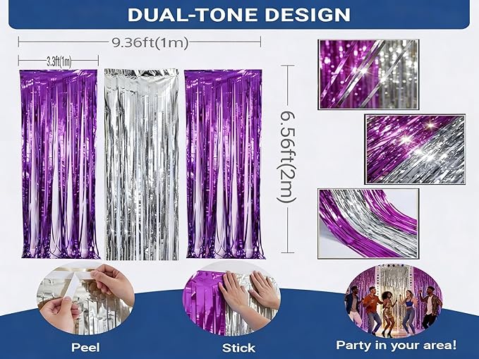 3 Packs Purple Silver Foil Fringe Curtains, Birthday Party Decorations Backdrop Tinsel Steamer, Wedding Engagement Bridal Shower Party Decorations Retirement Decor Graduation Party Backdrop
