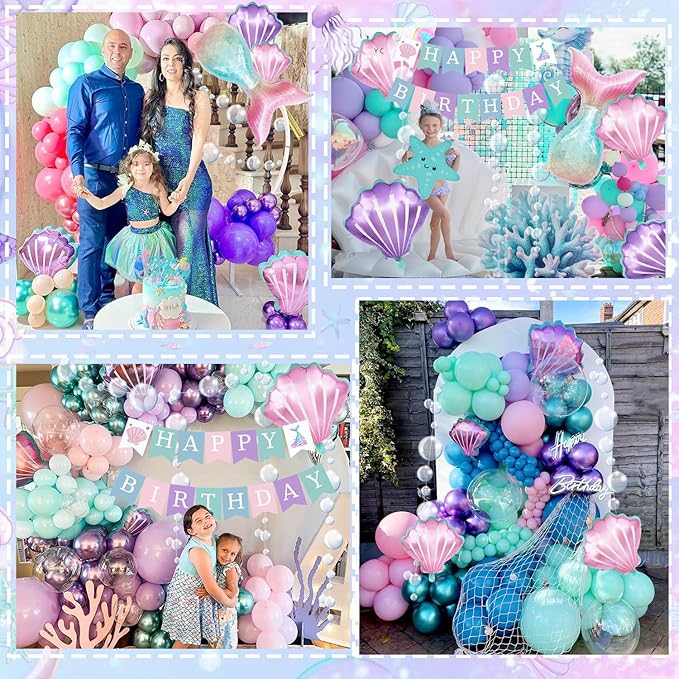 Mermaid Birthday Decorations, Birthday Decorations for Girls Women, Little Mermaid Under the Sea Party Decor Supplies with Mermaidtail Balloons Bubble Garland banner Fringe Backdrop Cake Topper
