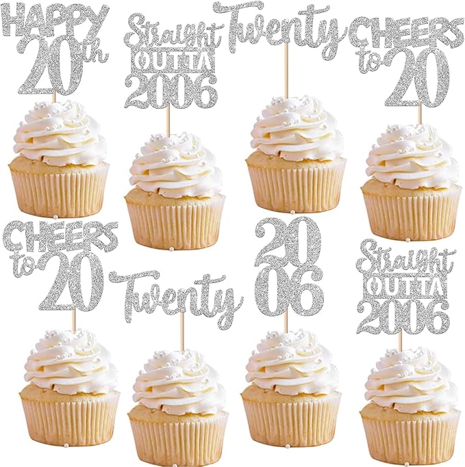 30PCS 20th Birthday Cupcake Toppers Glitter Twenty Happy 20th Straight Outta 2006 Cupcake Picks for Cheers to 20 Years Birthday Wedding Anniversary Party Cake Decorations Supplies Silver