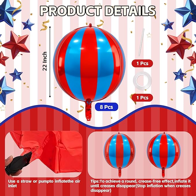 TONIFUL 8Pcs 22Inch Large Red Blue 4D Giant Round Foil Balloon 4D Metallic Mylar Sephere Balloons for Christmas New Year Birthday Party Graduation Wedding Bridal Shower Decoration Supplies