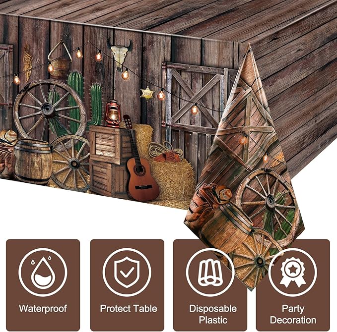Tiamon 1 Pcs Western Party Tablecloth Western Cowboy Party Table Cover Cowboy Theme Plastic Tablecloth Wild West Wooden House Table Cover for Birthday Supplies