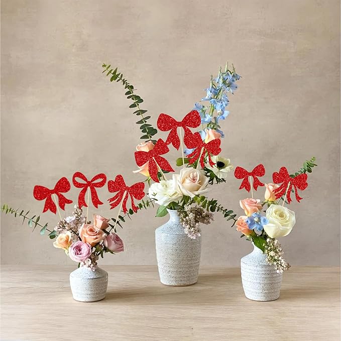 Gyufise 12Pcs Bow Centerpiece Sticks Birthday Bowknot Ribbons Coquette Table Flower Centerpieces Sticks Bow High Footed Party Decorations for Bridal Shower Birthday Wedding Party Supplies Red