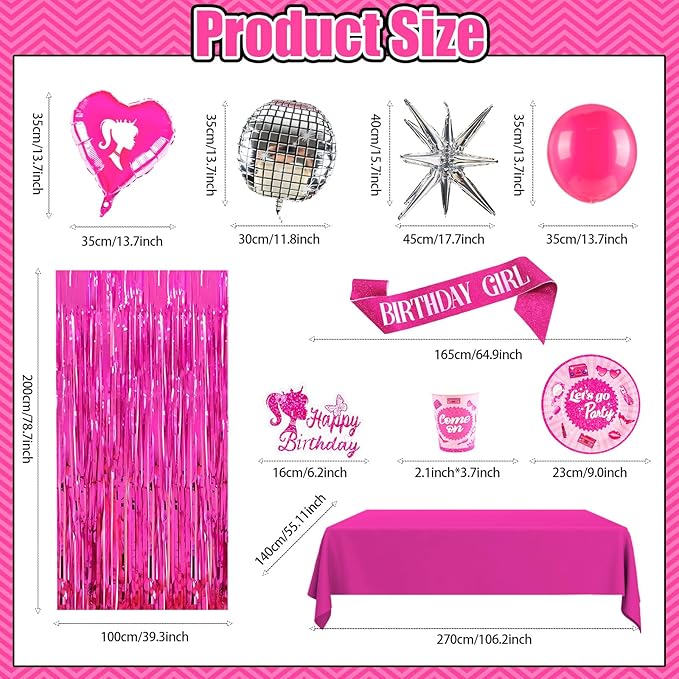 187Pcs Hot Pink Birthday Party Decoration Supplies, with 20 Plates Tableware Set and Birthday Banner Backdrop Foil Balloons Stand Cake Toppers Sunglasses Photo props Etc for Girls Women Party Decor