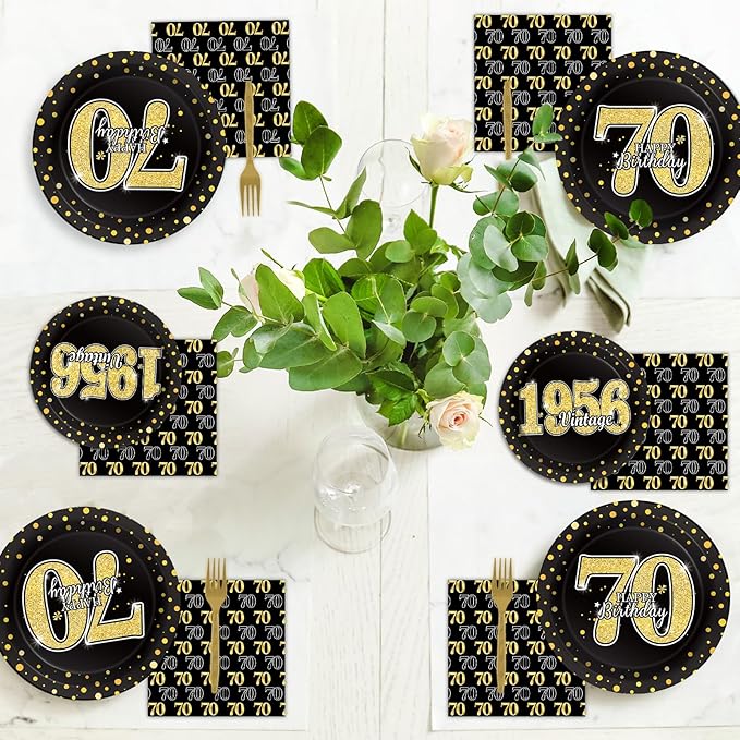 96PCS 70th Theme Birthday Party Tableware Vintage 1956 Party Supplies 70 Year Old Birthday Decorations Plates Napkins Forks Black and Gold Dinnerware Favors for Men or Women