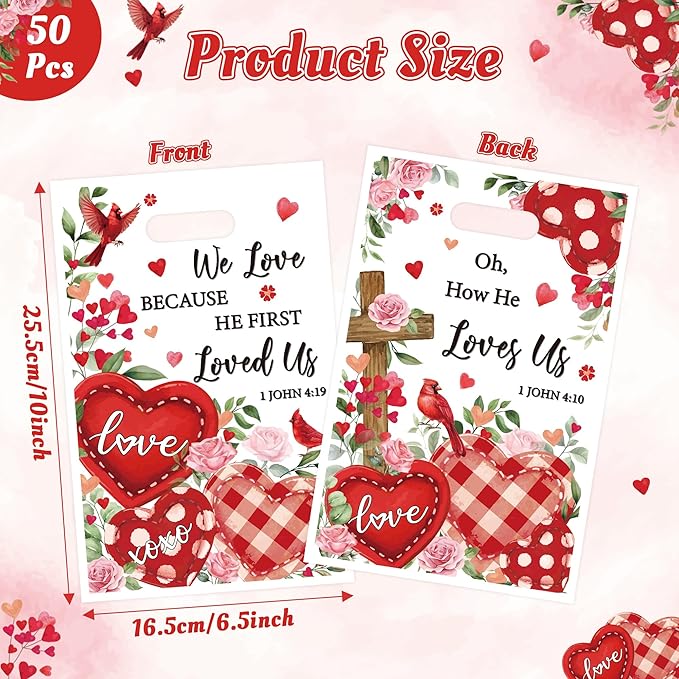 Religious Valentine’s Day Party Favor Bags - 50Pcs Valentines Religious Christian Cross John 4:19 Goody Candy Treat Bags, Bible Verse Themed Party Decorations for Church Sunday School