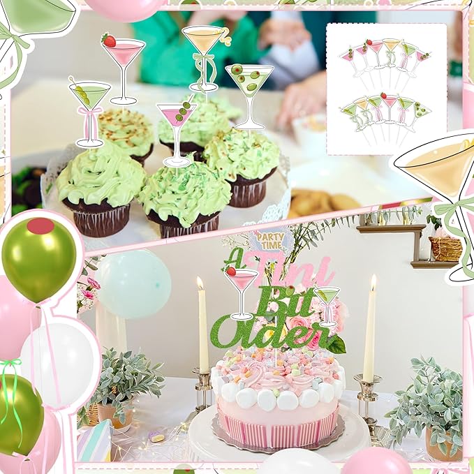 Martini Bow Birthday Party Decorations, Green Pink Glitter A Tini Bit Older Banner Garland Cake Topper Balloons for Girls Women Trendy Martini Bar Birthday Bachelorette Bridal Shower Party Supplies