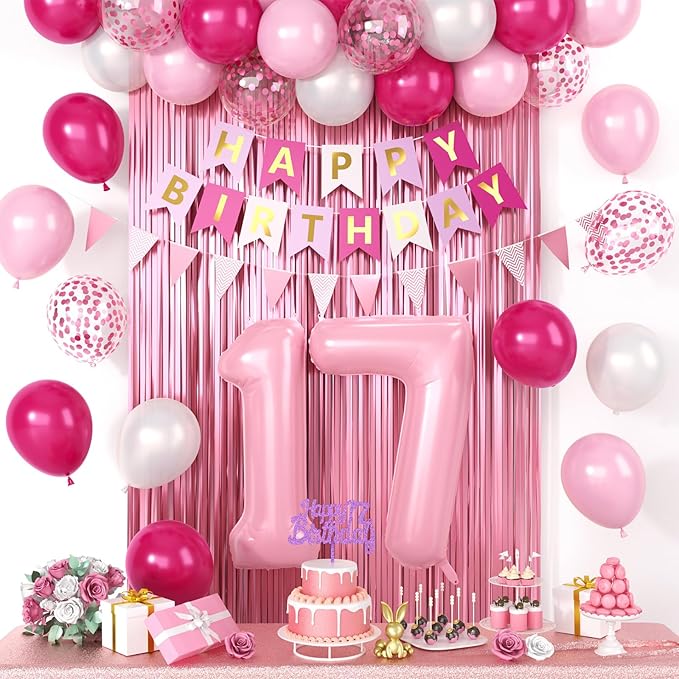 17th pink Birthday Decorations, Happy Birthday Party Decorations with Number 17 Balloons Hot Pink Pearl White macaron pink Balloons Fringe Curtain Banner Cake Topper For 17th Party Supplies