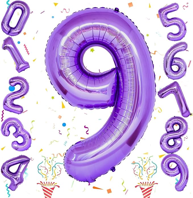 40 Inch Purple Number Balloons, Giant Self Inflating Foil 9 Years Old Birthday Number Balloon for Girls, 9 Balloon Mylar Helium for Kids 9th Birthday Party Decor Women Anniversary Decoration Supplies