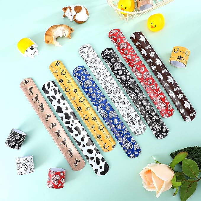 Sosation 96 Pack Western Party Slap Bracelets Cowboy Cowgirl Bracelets Horse Wristbands for Western Themed Parties Birthday Party Favors Supplies Decorations, 8 Styles