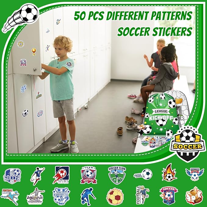 110 Pcs Soccer Party Favors Drawstring Bags with Keychains Silicone Bracelets Stickers Soccer Goodie Bags Gift Bags for Sports Birthday Party Supplies Soccer Themed