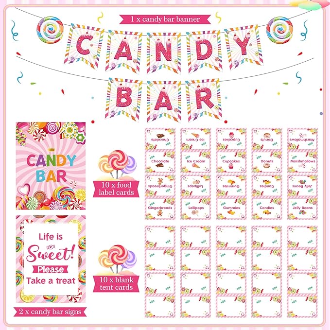 Outus 32 Pcs Christmas Candy Bar Decorations Kit Candy Bar Banner Sweet Candies Peppermint Table Signs Food Labels Tent Cards for Candies Sweet Birthday Baby Shower Wedding Party Decor Supplies