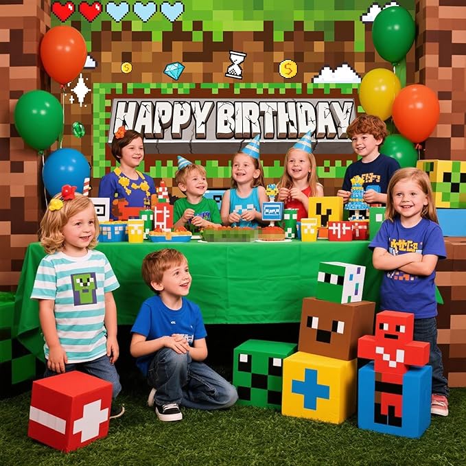 Pixel Birthday Party Decorations Pixel Video Game Banner for Miner Birthday Party Backdrop Photo Background Wall Decor Mining Party Supplies