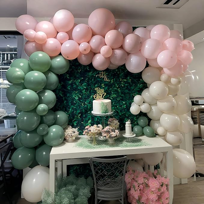 Retro Pink and Sage Green Balloons, Olive Green Pale Pastel Pink Cream White Clear Transparent Balloon for Fairy Tea Party, Floral Balloons as Baby Shower Wedding Nutcracker Birthday Party Decoration