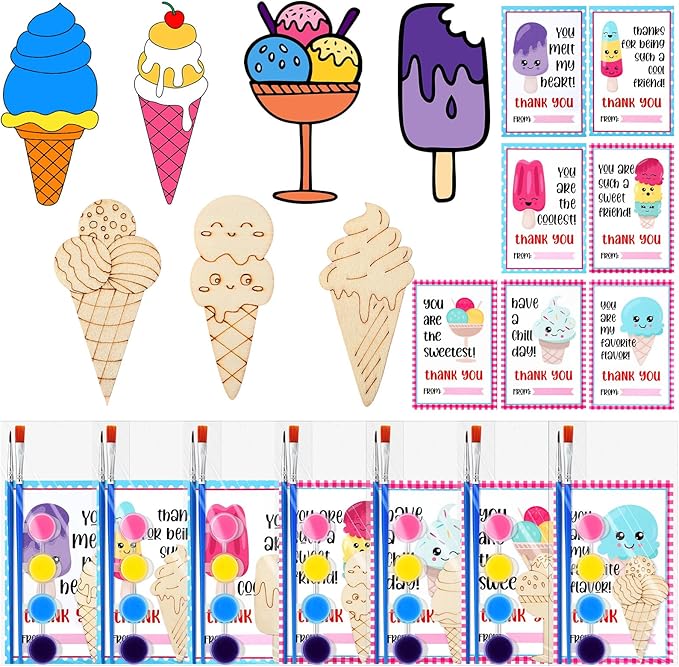 Leinuosen 28 Sets Ice Cream Party Favors Wood Painting Craft DIY Kits with Art Supplies and Inspirational Cards for Summer Birthday Party Valentines Day Prizes Exchange