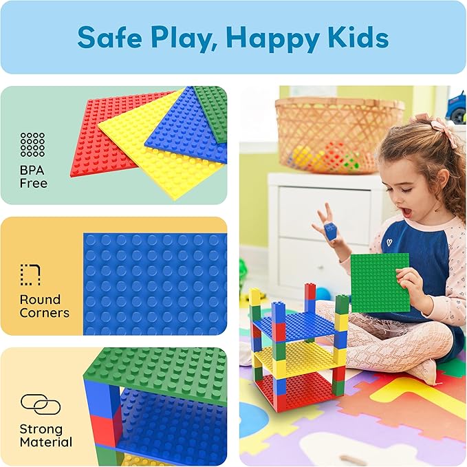 PicassoTiles Building Blocks Classic Brick 28PC Stackable Platform Foundation Base Plate Multi Color Set for Build Block Bricks Compatible with All Major Brands STEM Construction Kit Kids Age 3+ PBS03