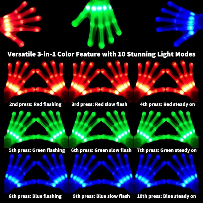 LED Gloves, Light Up Gloves for Kids-Perfect for 6-12 Year Old Boys & Girls - Ideal for Halloween & Christmas Parties