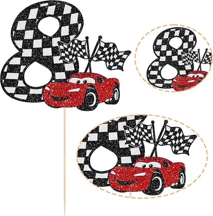 Gyufise 1Pc Race Car 8th Cake Topper Glitter 8th Racing Car Birthday Cake Topper Decoration for Racing Car Checkered Flag Themed Girl Boy 8 Years Birthday Party Supplies