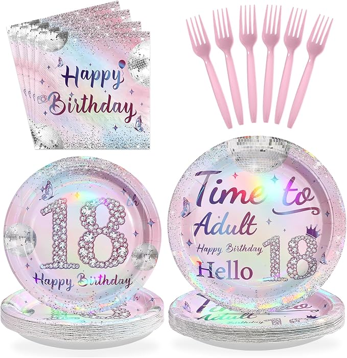 96Pcs 18th Birthday Party Decorations for Girls Time to Adult Plates and Napkins Iridescence Silver Pink 18th Tableware for Girls Time to Adult Eighteen Birthday Party Decorations Serve 24