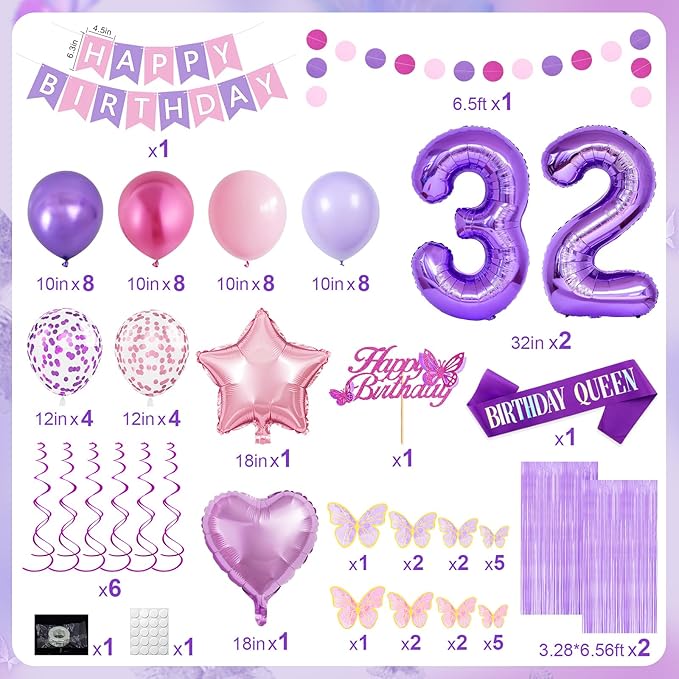 32nd Purple Birthday Decorations for Women, Pink and Purple Happy 32 Birthday Party Decorations with Happy Birthday Banner, Number Foil Balloons, Butterfly Cake Topper for 32nd Party Supplies
