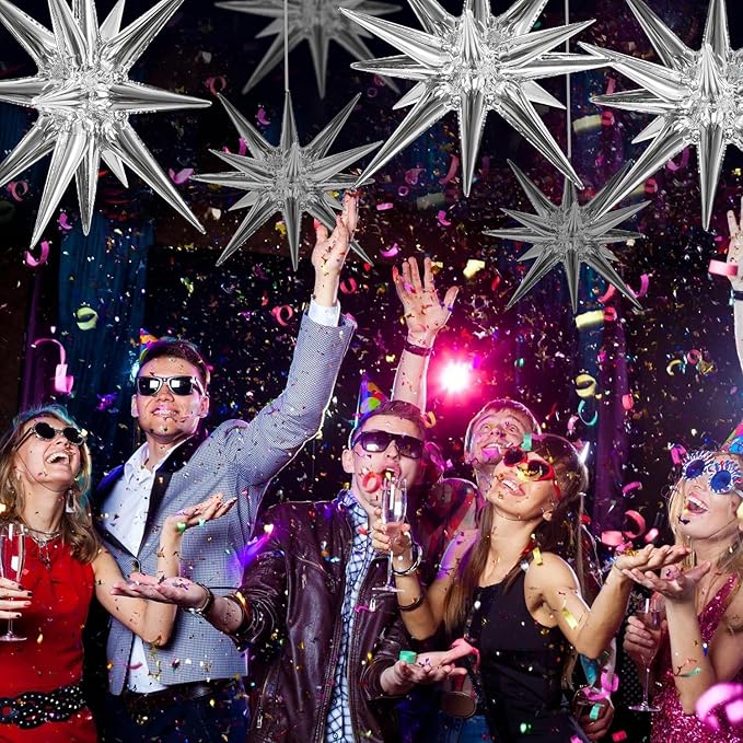 TONIFUL 8 Pcs Silver Foil Star Balloons Large Mylar Explosion Balloons for Party Backdrop Christmas New Year Birthday Wedding Baby Shower Anniversary Photo Booth Supplies