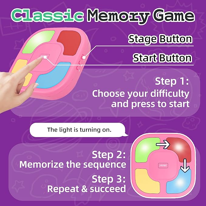 Electronic Memory Game for Kids, Handheld Toy with Silent Mode, 4 Difficulty Levels, Progressive Light Up Memory Game with Lights & Sounds, Educational Travel Toy for Boys & Girls