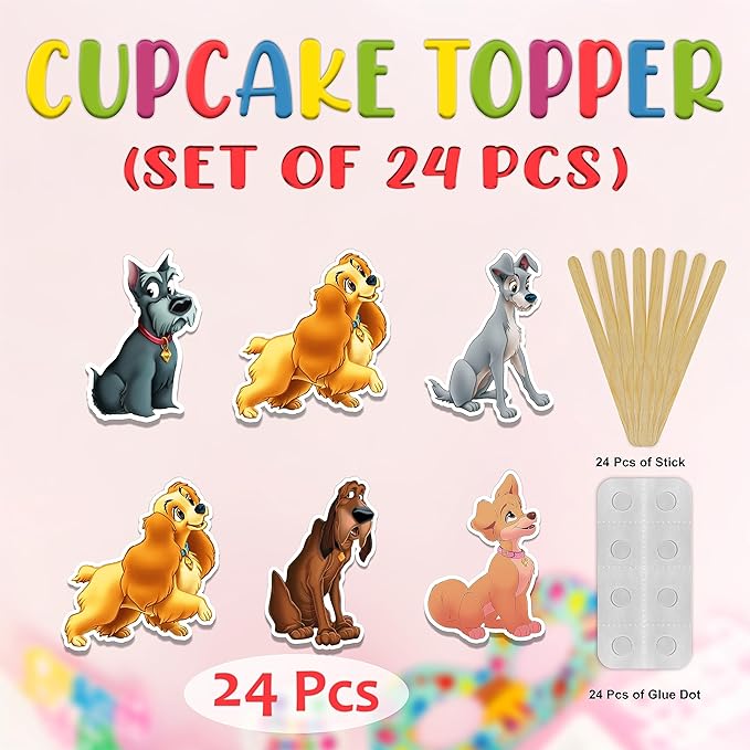 Lady and the Trmp Cupcake Topper – Romantic Dog Theme Cupcake Topper for Birthday Celebrations and Special Occasions, Elegant Puppy Style Decorative Cake Topper for Dessert Tables and Party Displays