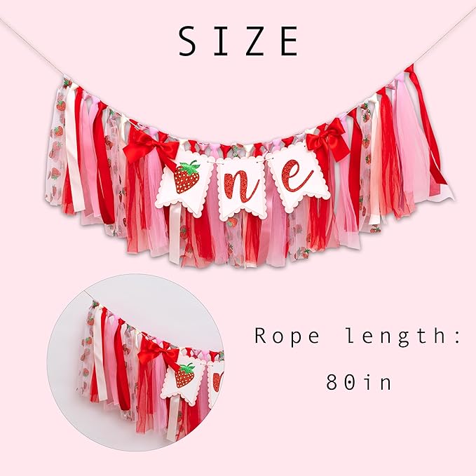 Strawberry One High Chair Banner - Strawberry 1st Birthday Party Decoration, Sweet Berry First Birthday Party Supplies, Berry Sign Anniversary Photo Background Props(Strawberry one banner red)