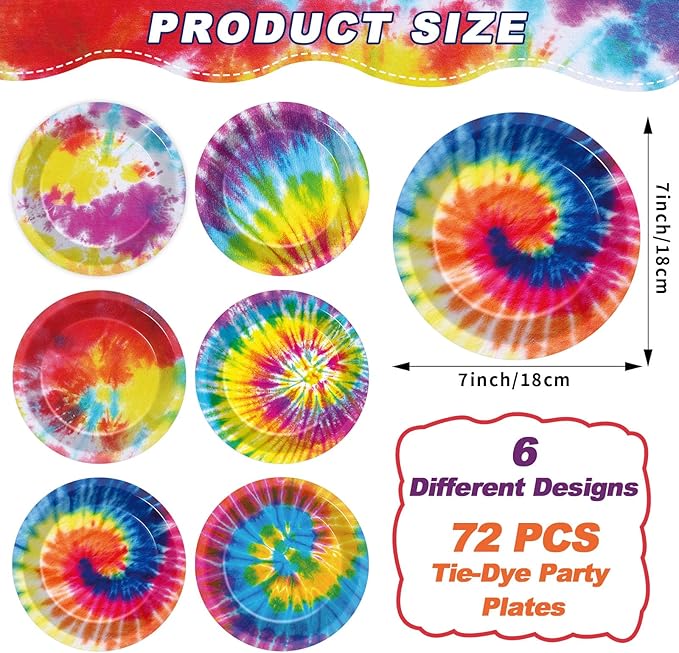 72PCS Tie Dye Birthday Plates Tie Dye Party Decorations Colorful Tableware Rainbow Plates Disposable Paper Plate Dessert Plates for Boys Girls Kids New Year Holiday Favors 6.7 * 6.7inch