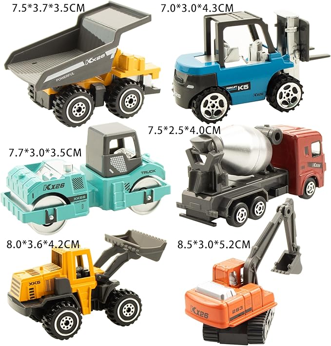 BenRich 6 Pcs Mini Die Cast Toy Set 1/64 Scale Alloy Construction Model Vehicles - Excavator, Dump Truck, Bulldozer, Forklift, Mixer Truck, Road Roller Toys Car for Boys Girls Birthday Present