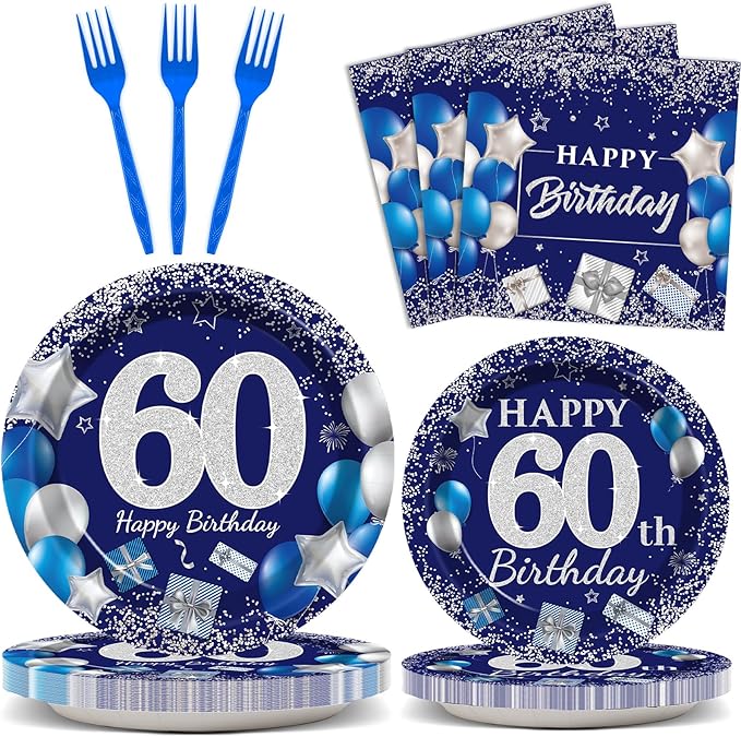 96 Pcs 60th Birthday Party Supplies Navy Blue and Silver Birthday Plates 60th Birthday Paper Tableware Happy Birthday Party Plates and Napkins Forks Blue Birthday Table Decorations for 24 Guests