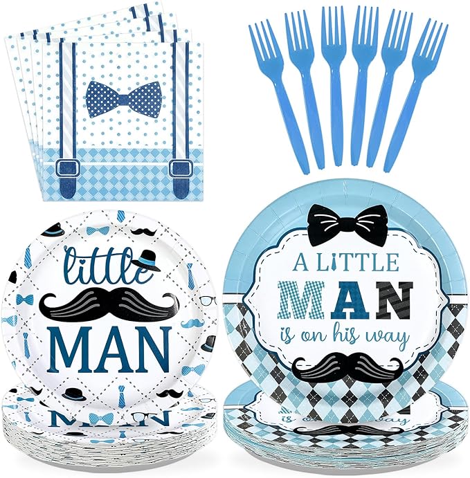 96 Pcs Little Man Baby Shower Decorations A Little Man Is On His Way Paper Plates and Napkins Mustache Bow Tie Hat Tableware Set for Boys Baby Shower Birthday Party Supplies Serves 24