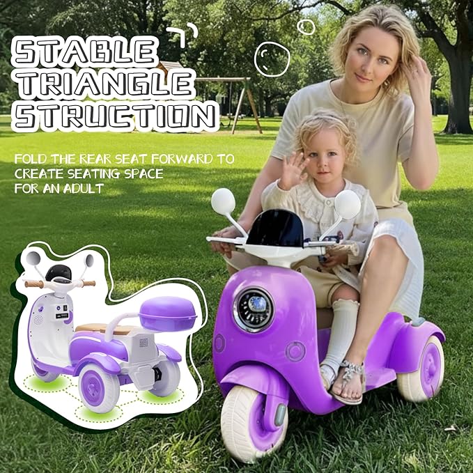 HEIMILI 12V Kids Electric Motorcycle for Girls, 3 Wheel Ride On Motorcycle for Kids 3-5 Years, Mini Battery Powered Motorbike with Bluetooth & MP3, Toddler Electric Ride On Toy, Purple