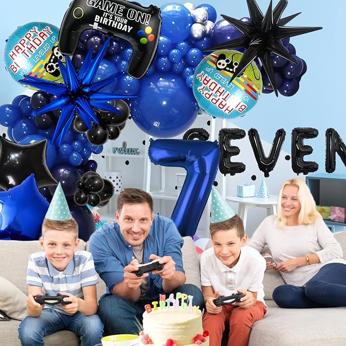 13pcs Video Game Themed Party Decorations, Number 7th Boys Birthday Party Supplies, Navy Blue Video Game Controller Mylar Foil Balloon, Video Game Party Decoration Supplies (Number 7)