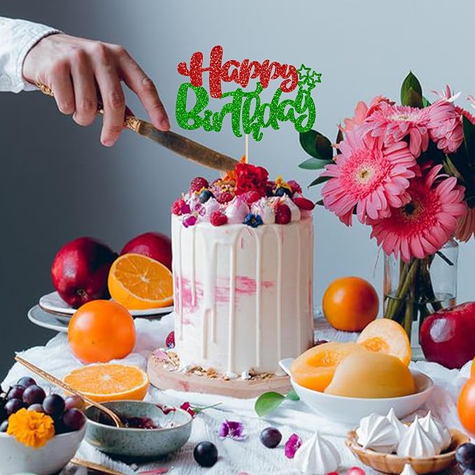 Ephlyn 1Pcs Happy Birthday Cake Topper Glitter Happy Birthday Cake Pick for Christmas Theme Baby Shower Anniversary Party Decorations Supplies Red Green