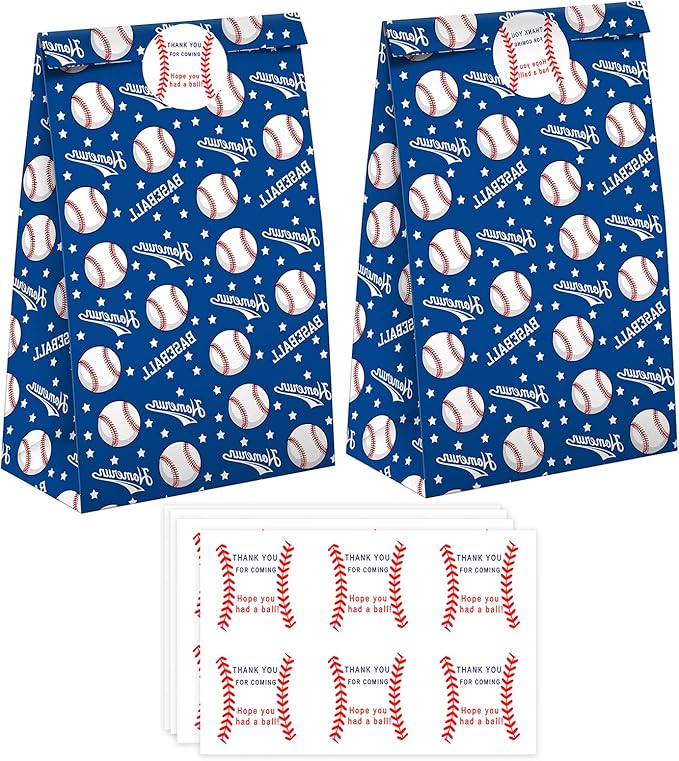 SamPartyShop 24 Pack Baseball Party Candy Favor Bags with Stickers, Baseball Themed Birthday Party Supplies