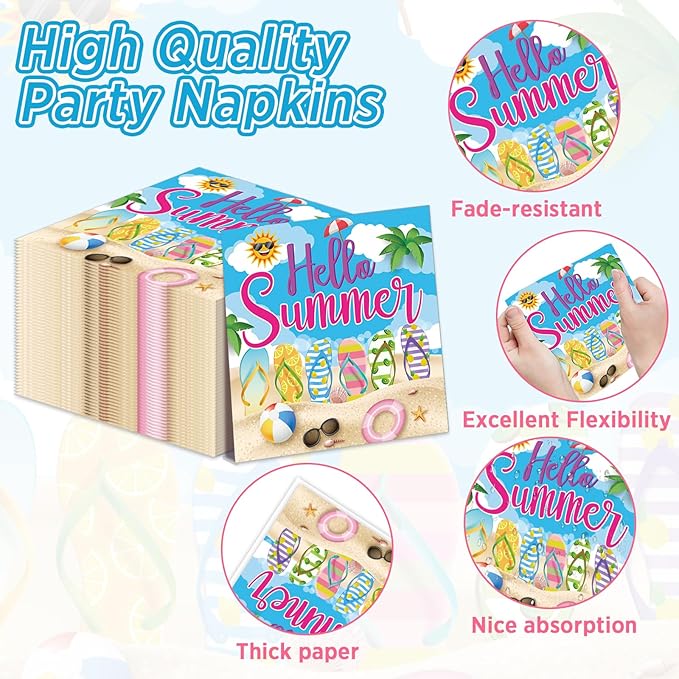 CHUNNIN 96Pcs Hello Summer Plates and Napkins Beach Party Decorations Hawaiian Tropical Disposable Paper Dessert Plates Tableware Set for 24 Guests Kids Summery Ocean Pool Birthday Party Supplies