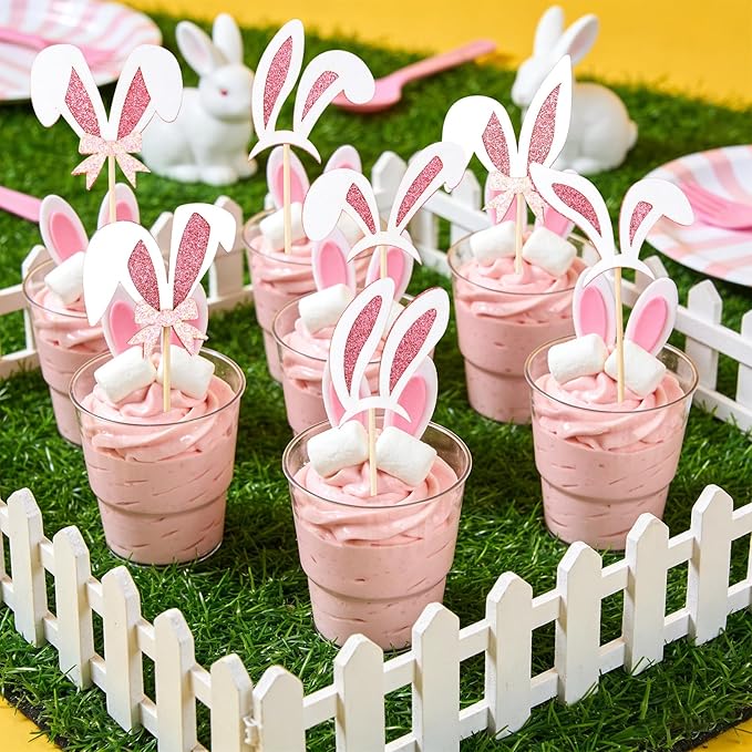 Easter Cupcake Toppers, 24 Pcs Easter Bunny Ear Cupcake Toppers, Glitter Pink Rabbit Ears Cupcake Picks Topper Easter Bunny Rabbit Cake Decorations for Easter Girls Birthday Party Decorations Supplies