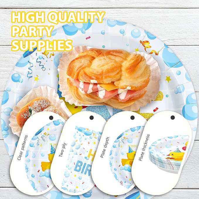 96Pcs Duck 1st Birthday Party Decorations Duck One Birthday Bubble Bath Plates and Napkins Set Blue Yellow Ducks Decoration for Boys Girls 1 Year Old Ducky Baby Shower Party Supplies Serves 24