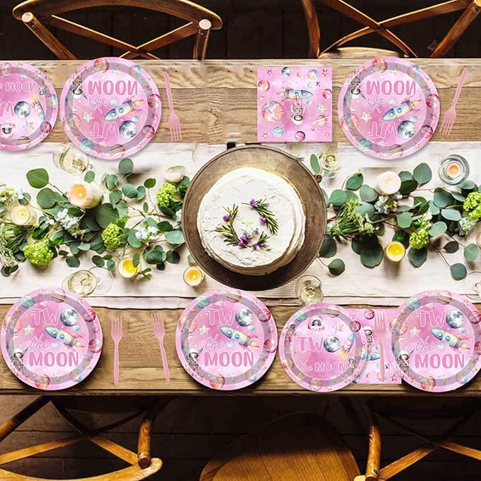 51 Pcs Outer Space Girls 2nd Birthday Party Supplies - Two The Moon Decorations & Tableware Includes Table Cloth, Plates, Napkins, Forks for Pink Space Two Years Old Party
