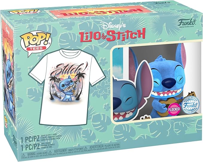 Funko Pop! &Tee: Lilo and Stitch - Ukelele Stitch (Flocked) - 3 Extra Large - (3XL) - T-Shirt - Clothes with Collectable Vinyl Minifigure - Gift Idea - Toys and Short Sleeve Top for Adults Unisex
