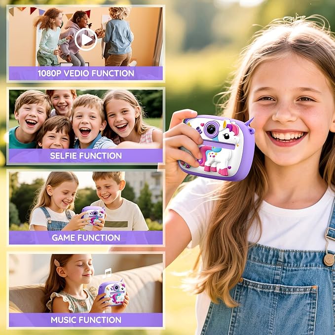 Kids Camera Instant Print, Kids Digital Camera with Photo Printing, Print Paper & 32GB Card, Kids Print Camera Birthday Gifts for Girls Boys 3 4 5 6 7 8 9 10 Year Old