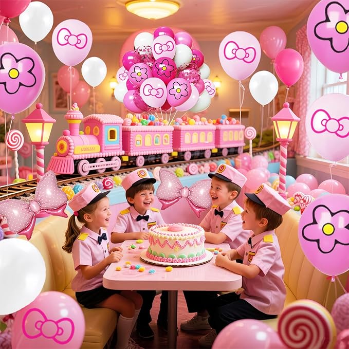 Pink Balloon 64Pcs 12 Inch，Cute Bow Flower Print Balloons for Cartoon Themed Birthday Party Decorations Boys Girls Gatherings Party Supplies