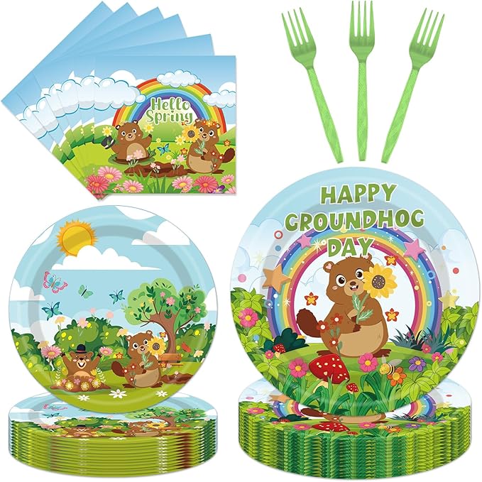 96Pcs Groundhog Day Decorations Tableware Set Happy Groundhog Day Paper Plates Napkins Forks Spring Animals February 2nd Ground hog Holiday Celebration Decor Party Supplies Serve 24 Guests