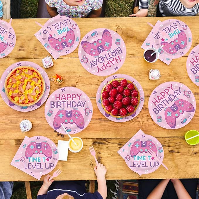 96Pcs Video Game Birthday Party Supplies Pink Game Birthday Plates and Napkins Teens Gaming On Level Up Tableware Set for Girls Kids Baby Shower Gamer Party Decorations Serves 24